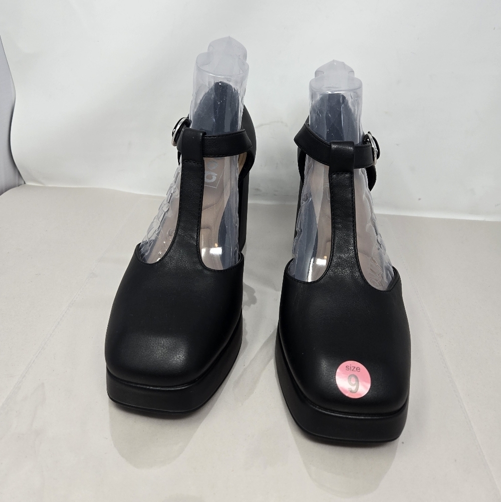 Pop Women's Sz 9 Worthy Mary Janes Platforms Black Faux Leather Sky High Chic - Picture 2 of 13